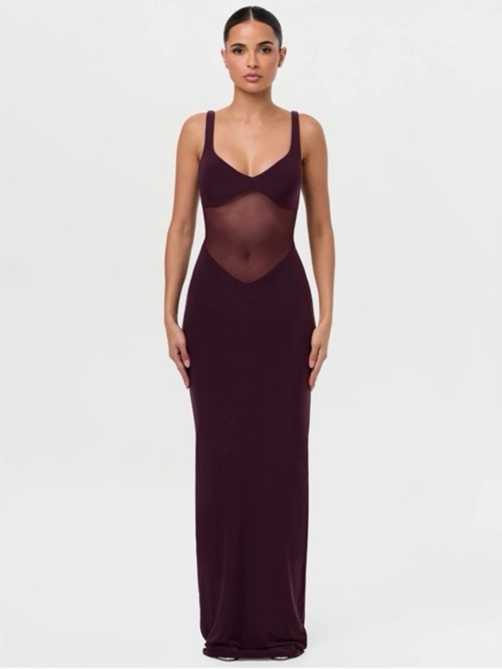 NWT Naked Wardrobe Mesh Cutout Maxi Dress Burgundy Plum Sleeveless Size XS